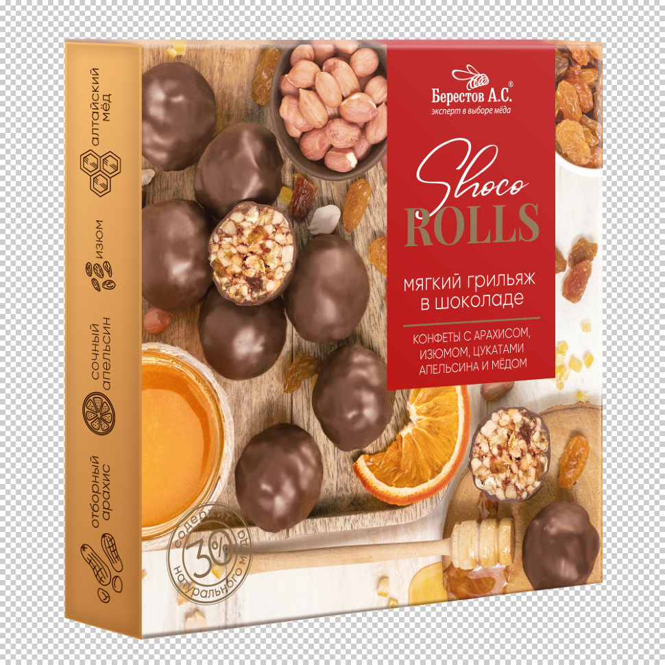  Берестов Shoco Rolls конфеты с арахисом, изюмом, цукатами апельсина и медом,  135г в Урус-мартане